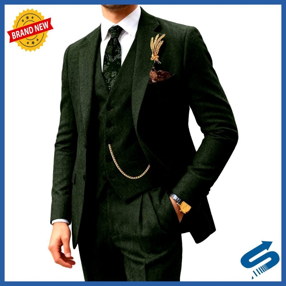 Slim Fit Tweed 3-Piece Suit Set with Vest for Wedding Prom Business